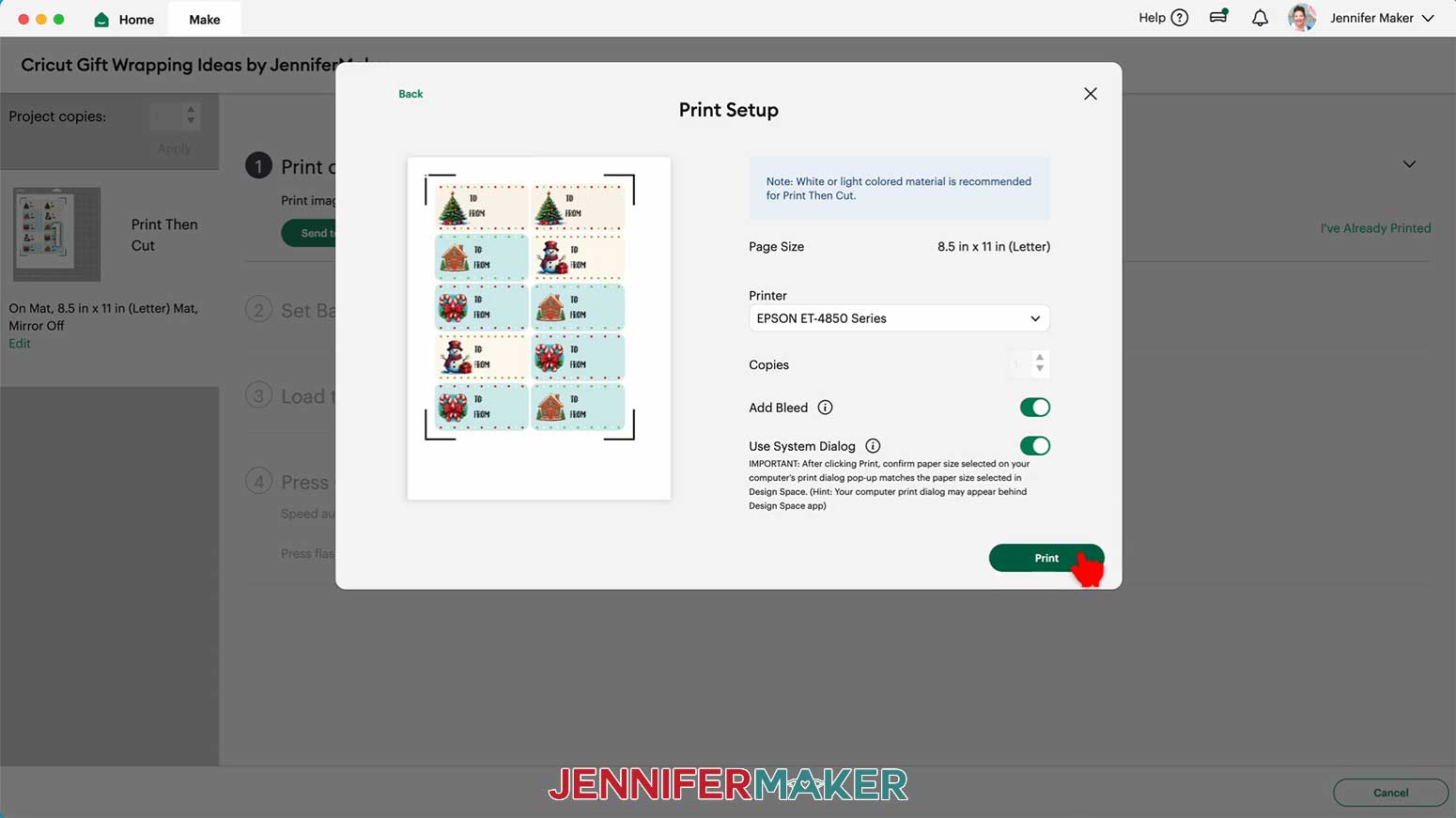 Select "Print" in the print setup menu for the Print Then Cut Gift Labels in the Cricut Gift Wrapping Ideas project.