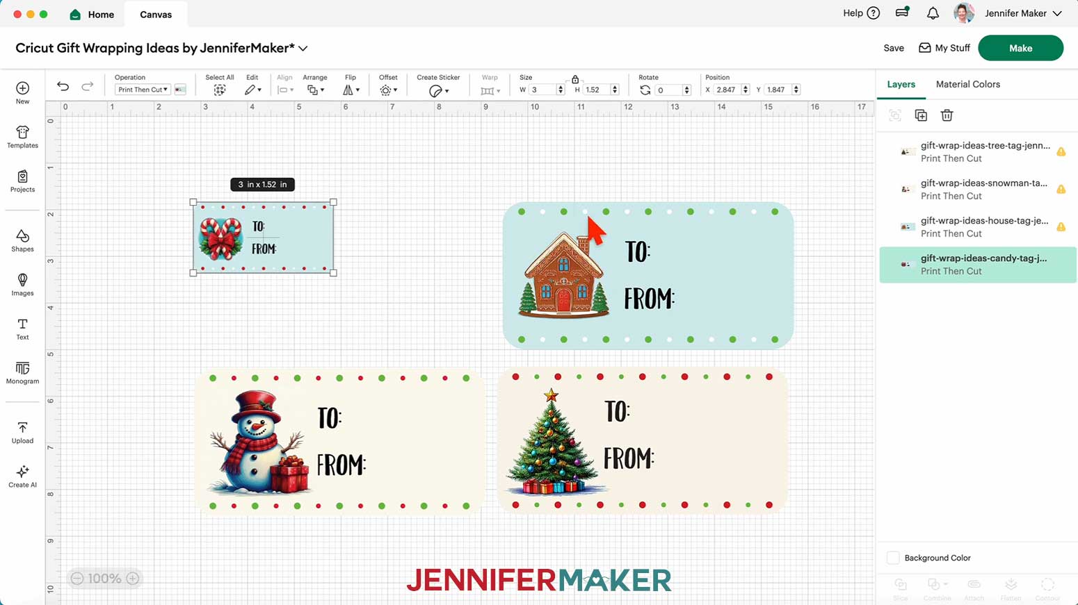 Resize the Print Then Cut Gift Labels to the desired size in the Cricut Gift Wrapping Ideas project.