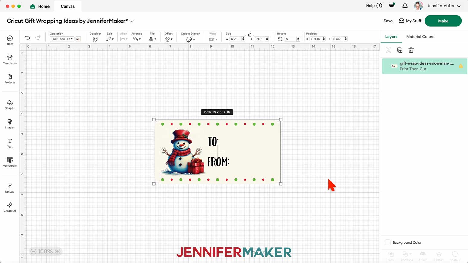 Add a snowman Gift Label to the Canvas in Cricut Design Space in the Cricut Gift Wrapping Ideas project.