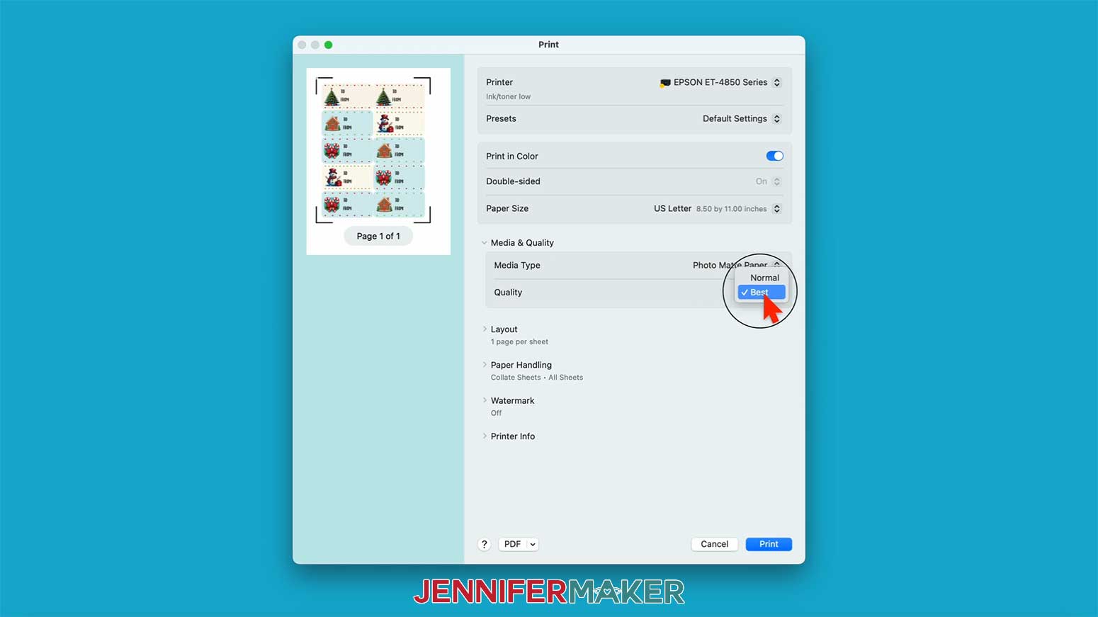 Select "Print" in the print dialog menu for the Print Then Cut Gift Labels in the Cricut Gift Wrapping Ideas project.