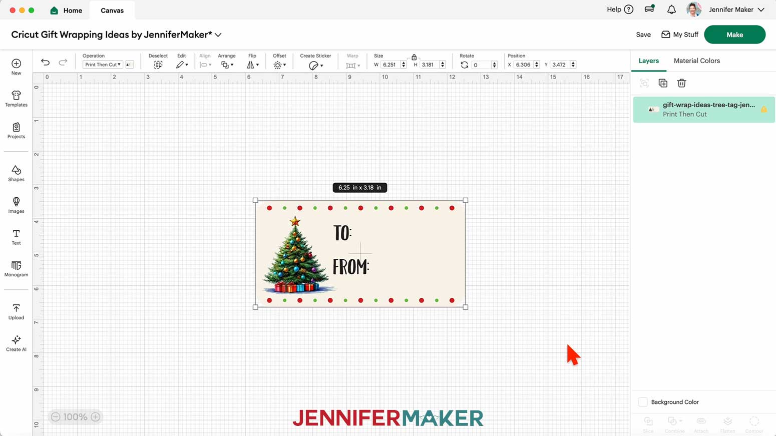 Add a Christmas tree Gift Label to the Canvas in Cricut Design Space in the Cricut Gift Wrapping Ideas project.