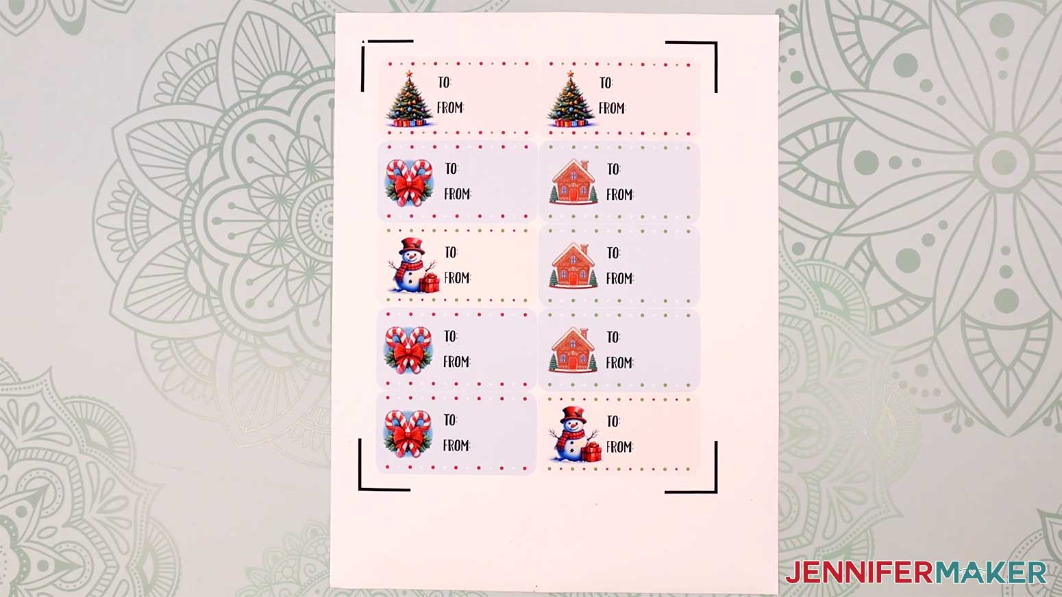 Printed sheet of Print Then Cut Gift Labels in the Cricut Gift Wrapping Ideas project.