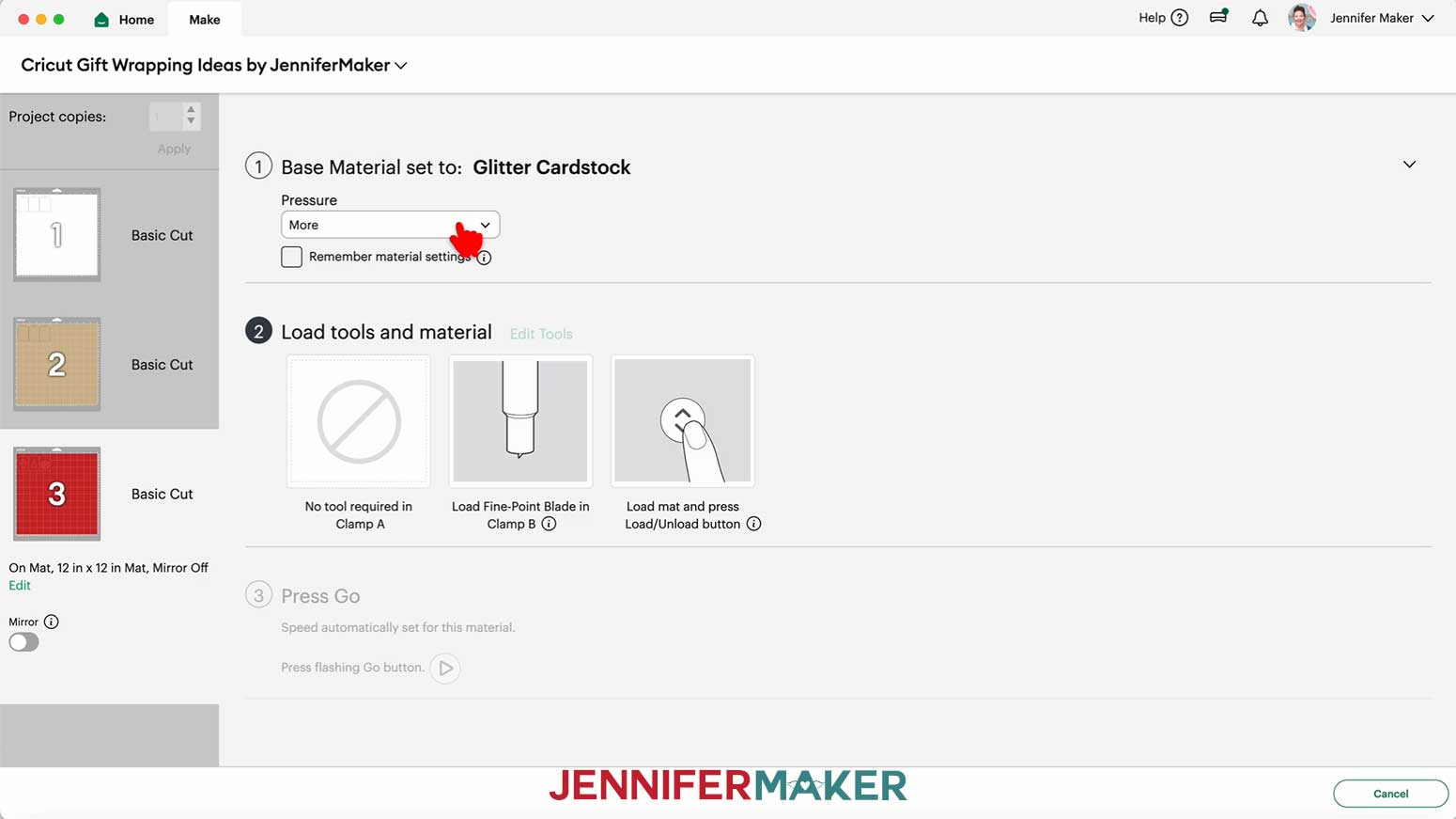 Set your glitter cardstock's Base Material setting to Glitter Cardstock with More Pressure in Cricut Design Space in the Cricut Gift Wrapping Ideas project.