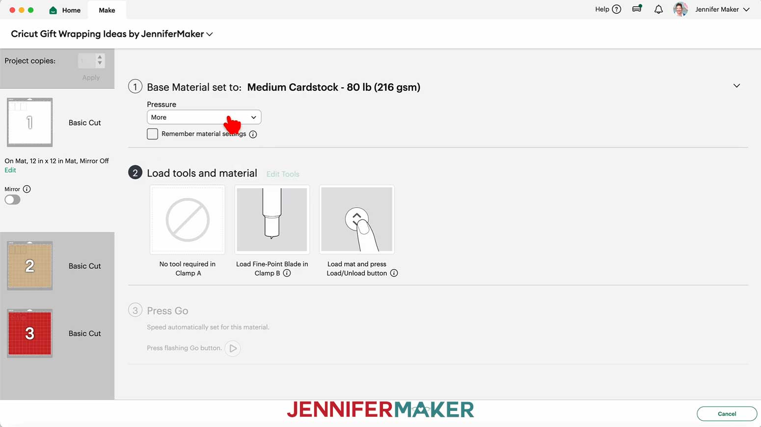 Set your plain cardstock's Base Material setting to Medium Cardstock - 80 lb with More Pressure in Cricut Design Space in the Cricut Gift Wrapping Ideas project.