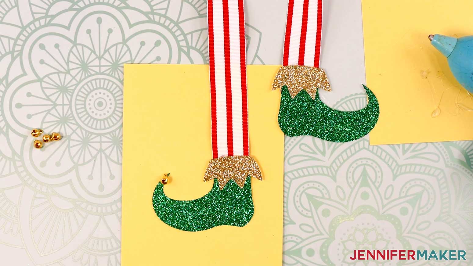 Adhere a jingle bell to the tip of the elf boot's toe in the Cricut Gift Wrapping Ideas project.