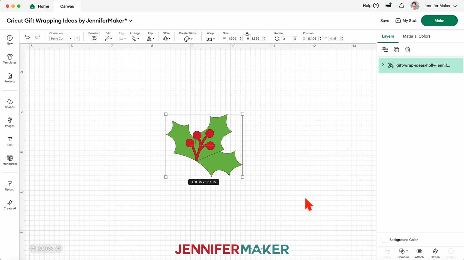 The holly letter SVG on the Design Space Canvas, showing the dimensions of 1.91 by 1.57 inches.