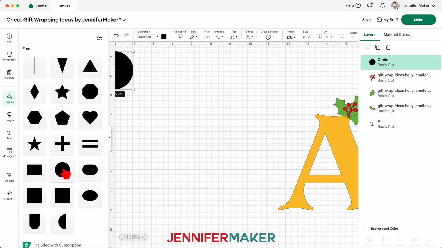 In the Shapes menu of Cricut Design Space, add the free circle to your Canvas to create a hanging hole.