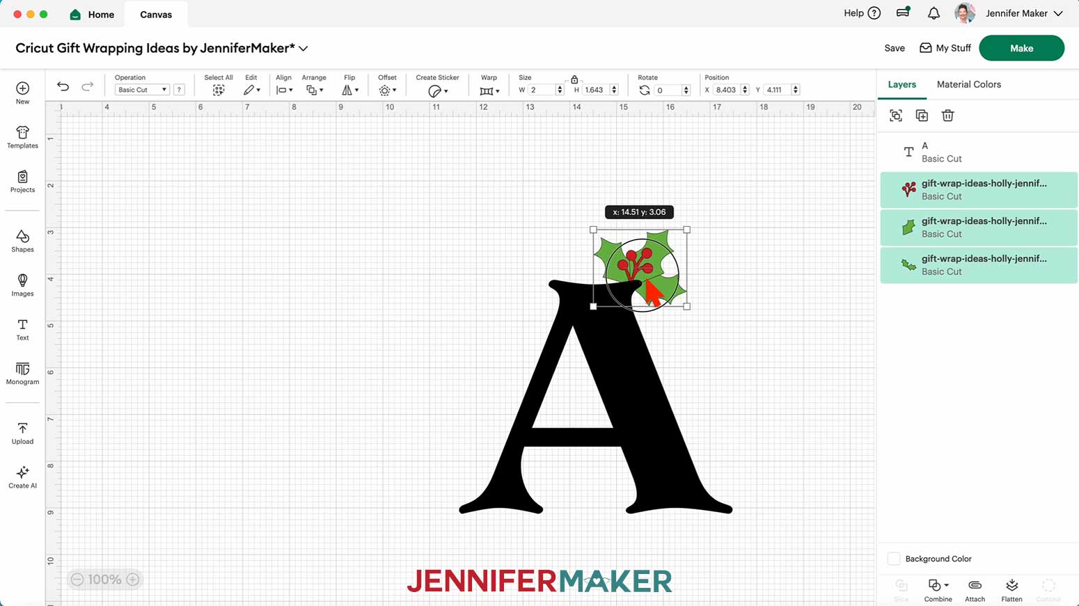 Move the holly pieces into place on the letter in Cricut Design Space.
