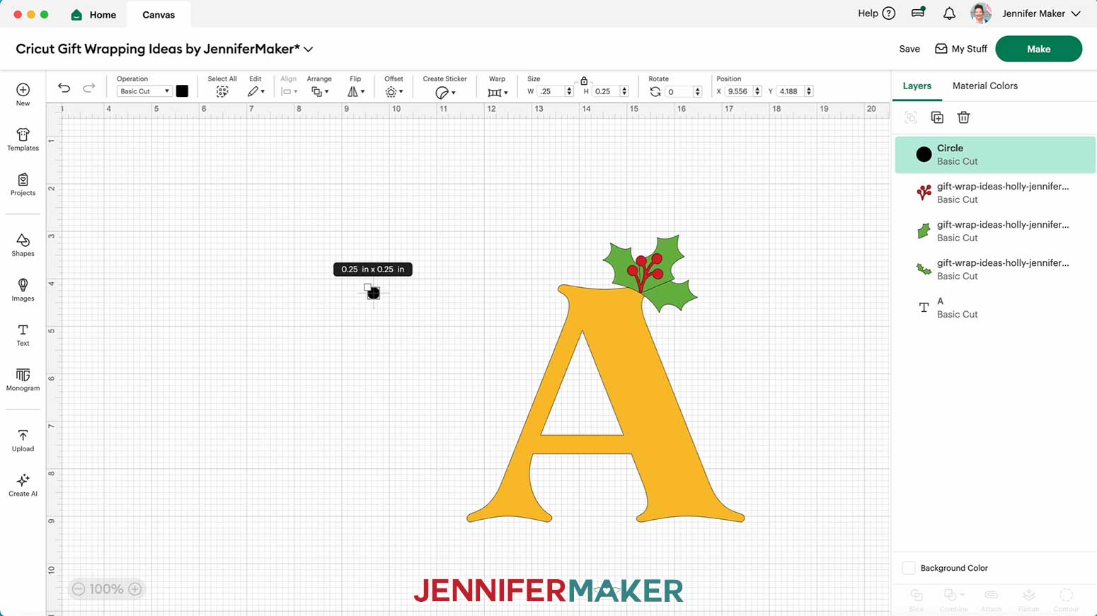Resize the circle to 1/4 inch in Cricut Design Space.