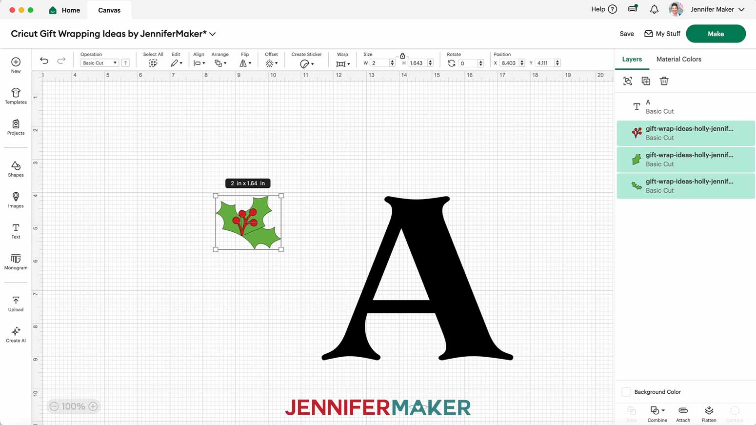 Resize the holly pieces in Cricut Design Space.