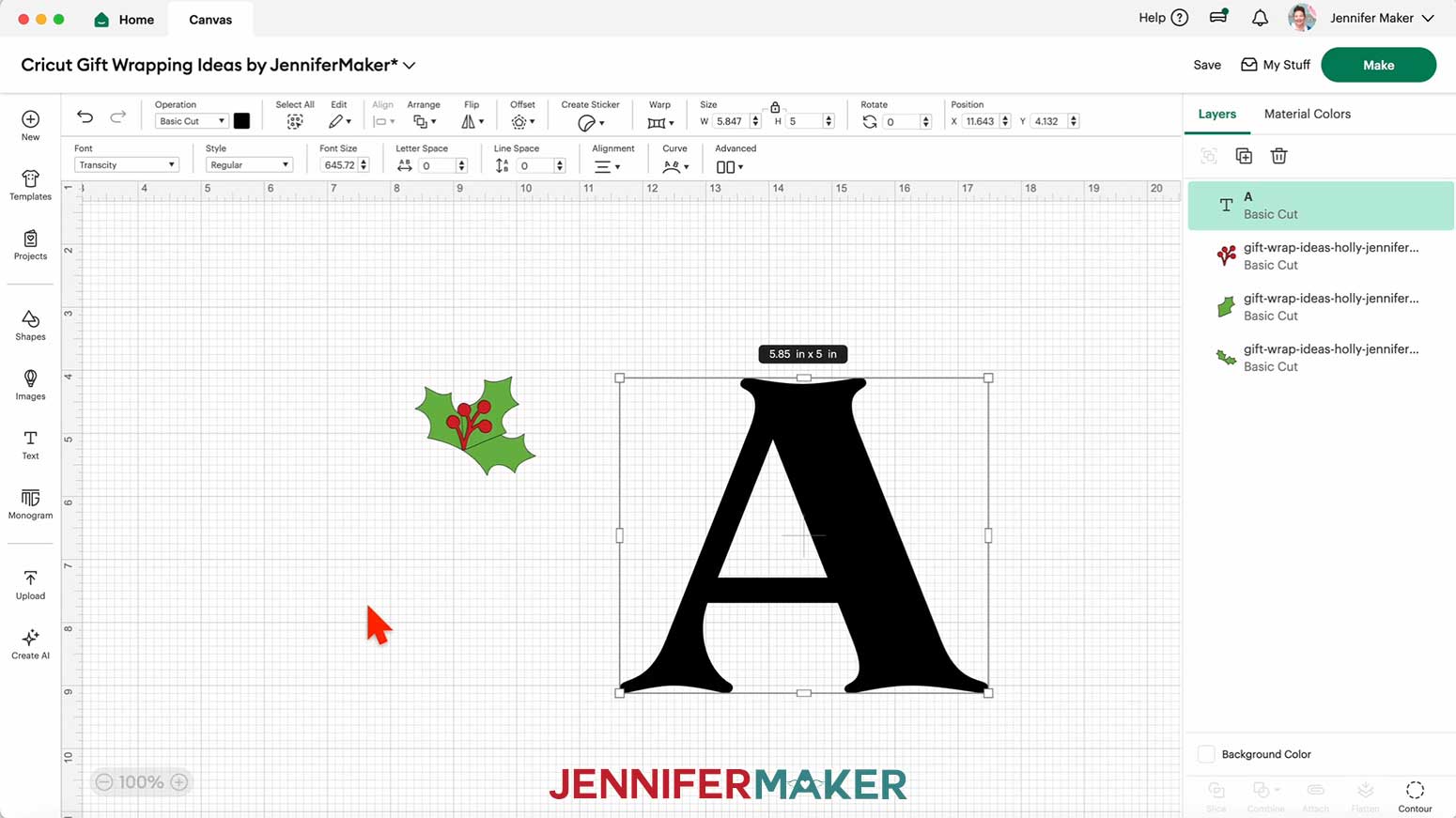 Resize the letter in Cricut Design Space.