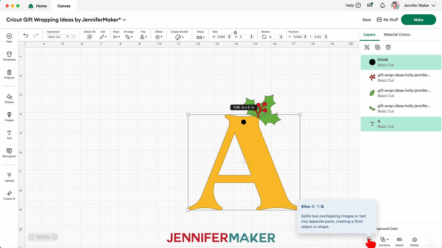 Select the circle and the letter A in Cricut Design Space, then click the Slice button.