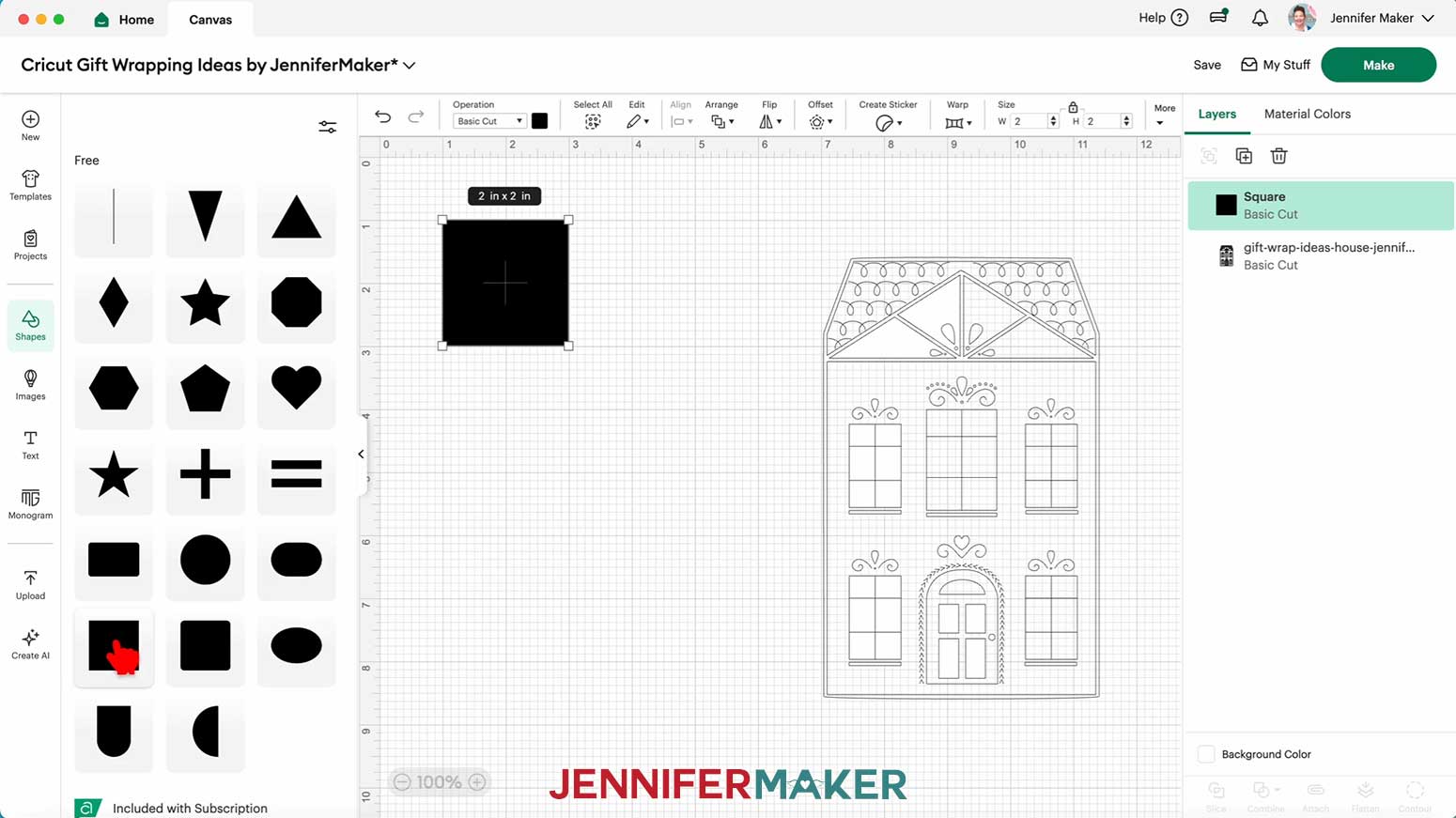 Add a free square to the Canvas for the Cricut Pen Gift Wrap in the Cricut Gift Wrapping Ideas project.