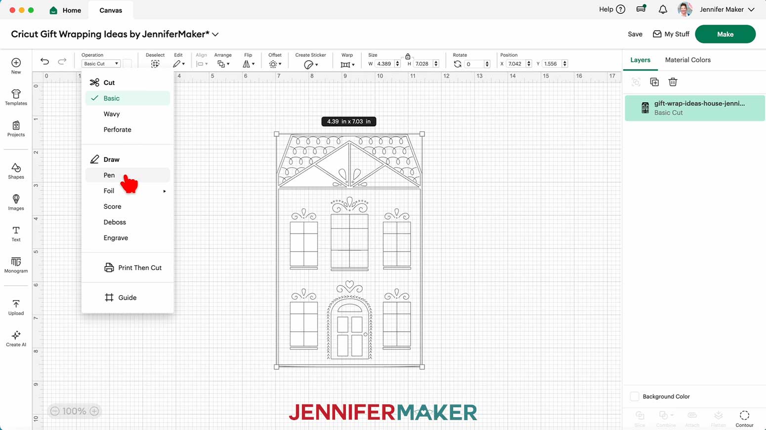 Change the house design's Operation to "Pen" for the Cricut Pen Gift Wrap in the Cricut Gift Wrapping Ideas project.