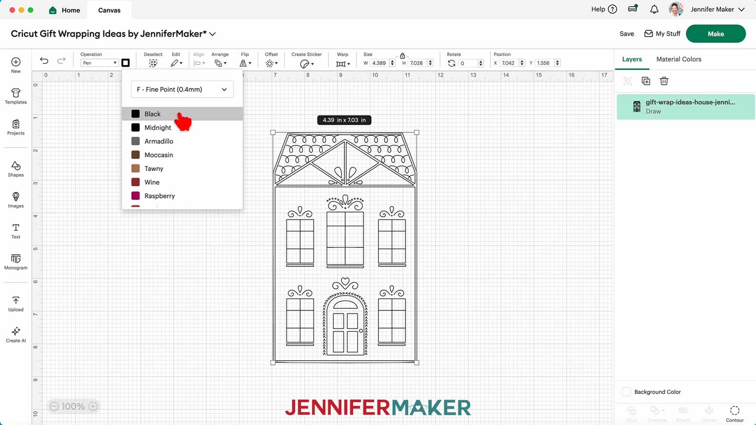 Select the pen size and color for the Cricut Pen Gift Wrap in the Cricut Gift Wrapping Ideas project.