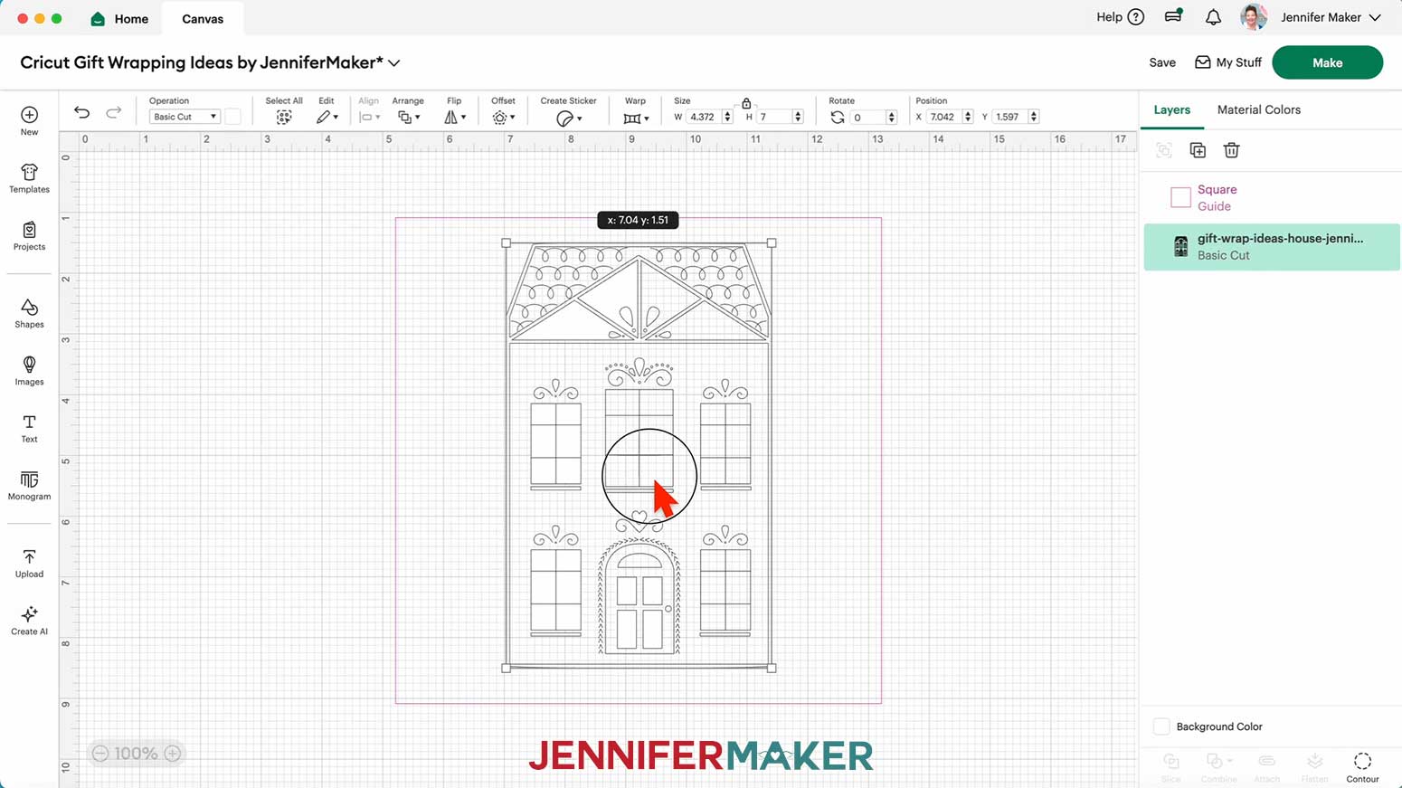 Center the house design inside the Guide for the Cricut Pen Gift Wrap in the Cricut Gift Wrapping Ideas project.