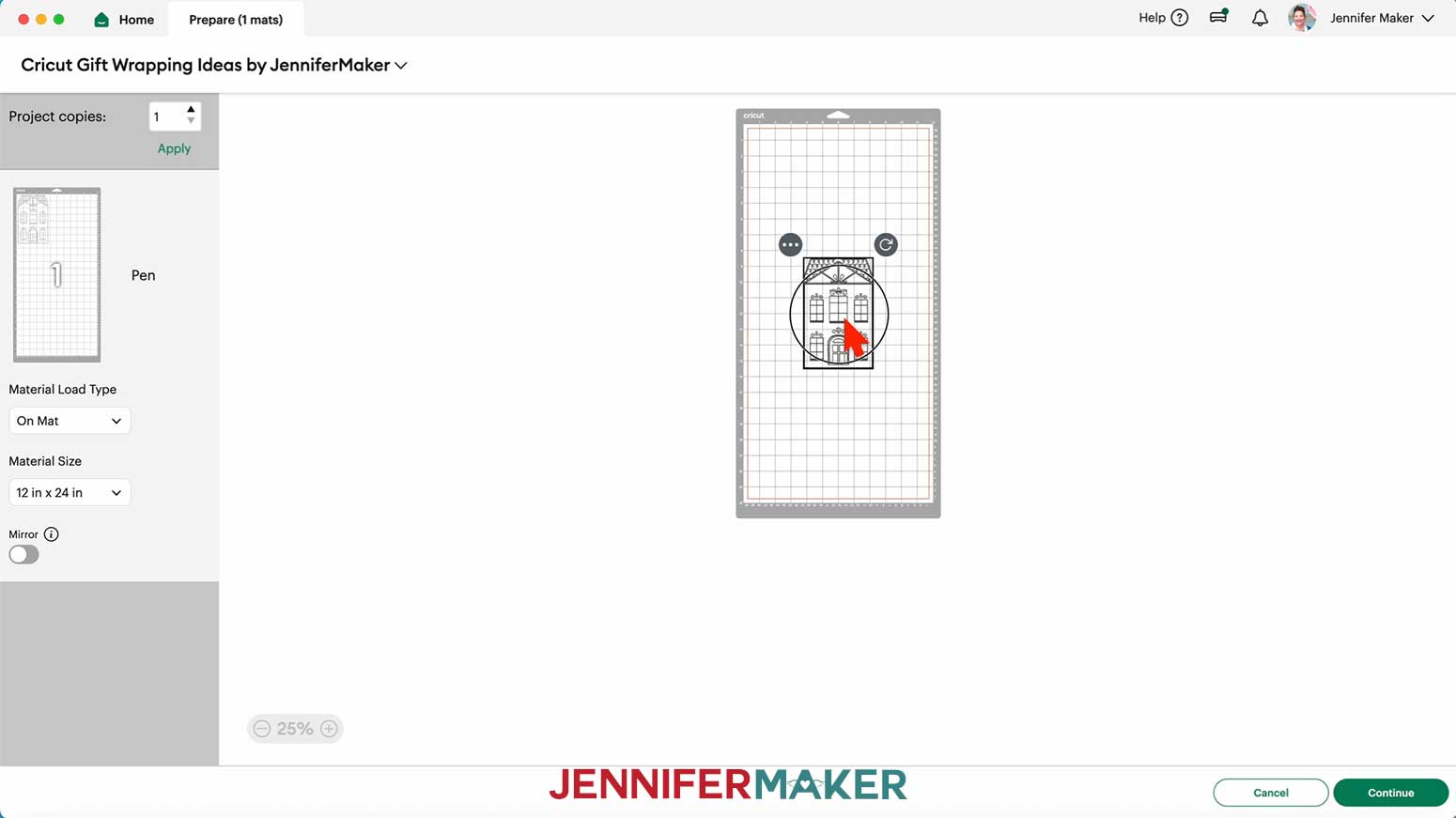 On the Prepare screen, center the design in the center of the mat for the Cricut Pen Gift Wrap in the Cricut Gift Wrapping Ideas project.