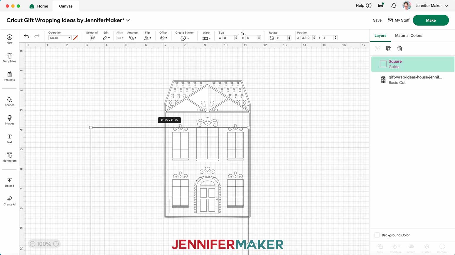 Change the square's Operation to "Guide" and resize it to the face of your box for the Cricut Pen Gift Wrap in the Cricut Gift Wrapping Ideas project.