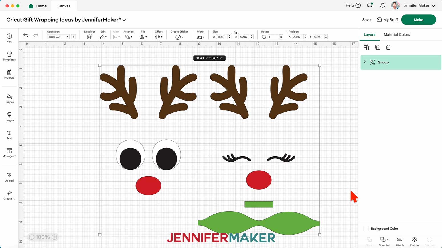 Reindeer Gift Bag design on the Canvas in Cricut Design Space in the Cricut Gift Wrapping Ideas project.