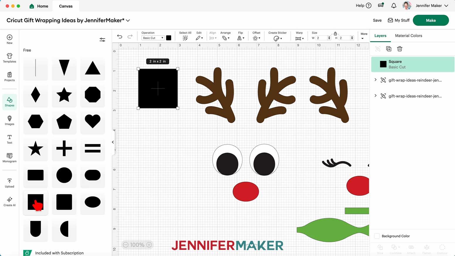 Add a free square to the Canvas in Cricut Design Space for the Reindeer Gift Bags in the Cricut Gift Wrapping Ideas project.