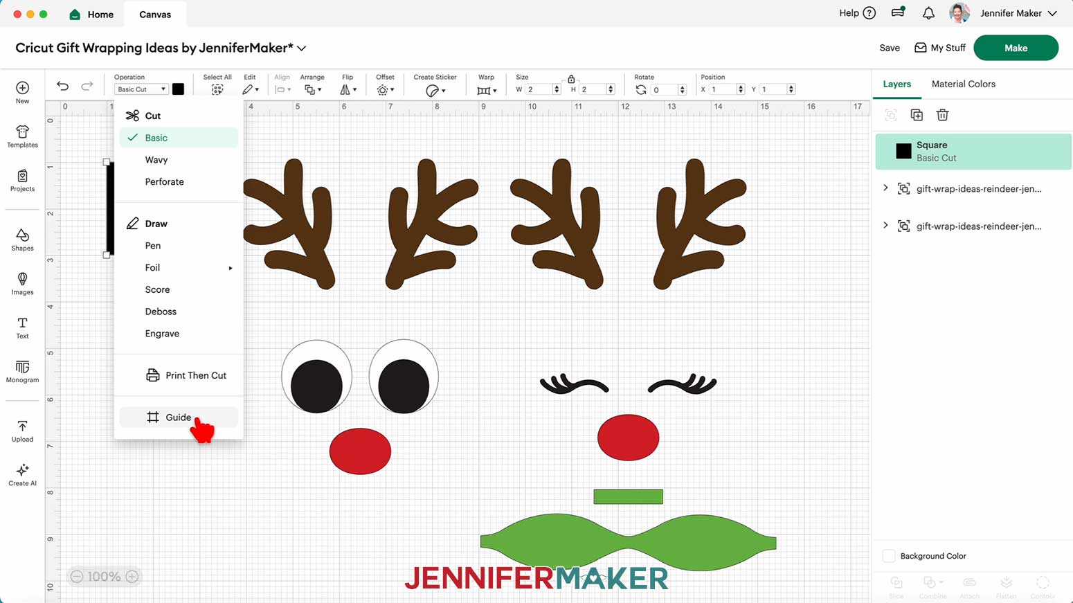Change the square's Operation to "Guide" in Cricut Design Space for the Reindeer Gift Bags in the Cricut Gift Wrapping Ideas project.
