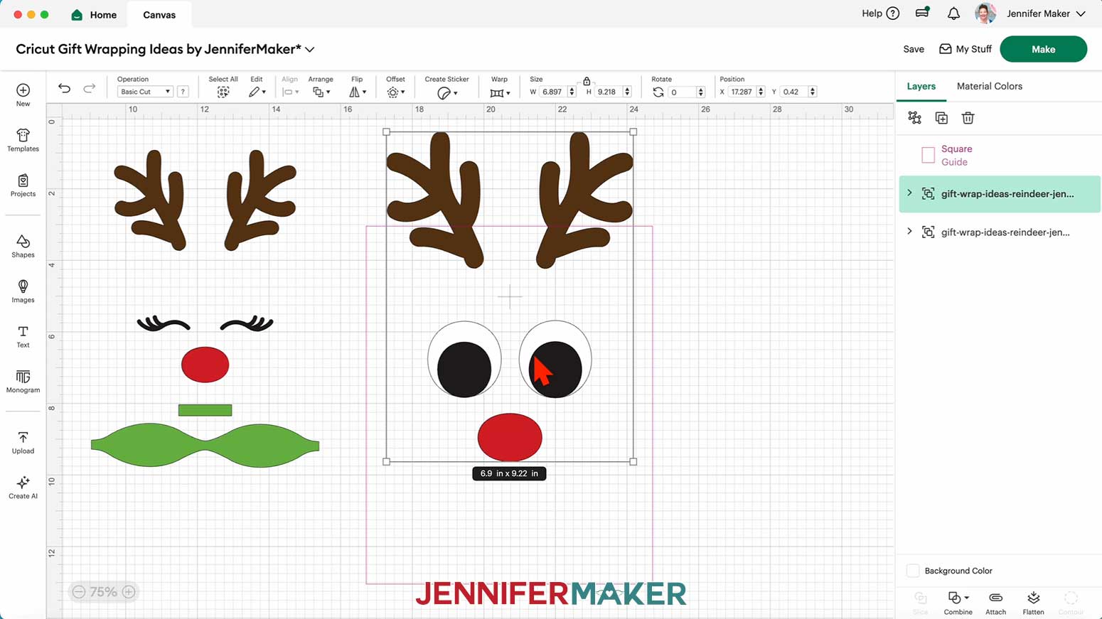 Position the Reindeer Gift Bag design on the guide in Cricut Design Space in the Cricut Gift Wrapping Ideas project.