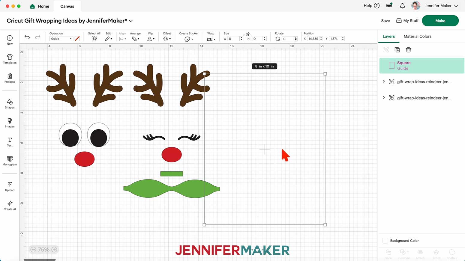 Resize the guide to the shape of your gift bag in Cricut Design Space for the Reindeer Gift Bags in the Cricut Gift Wrapping Ideas project.