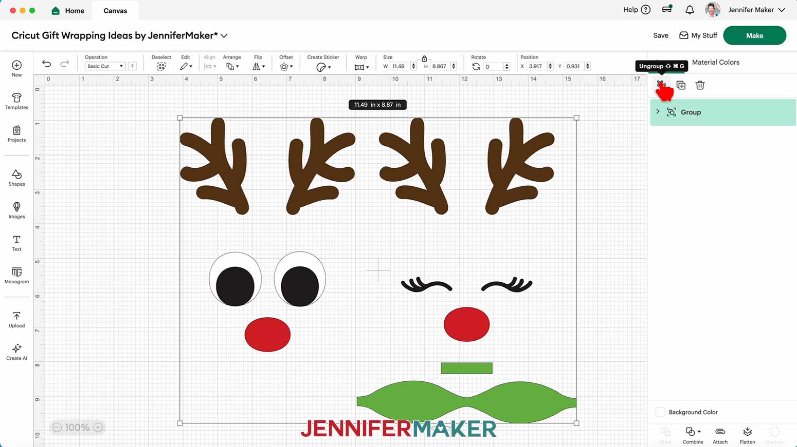 Ungroup the Reindeer Gift Bag Design in Cricut Design Space in the Cricut Gift Wrapping Ideas project.