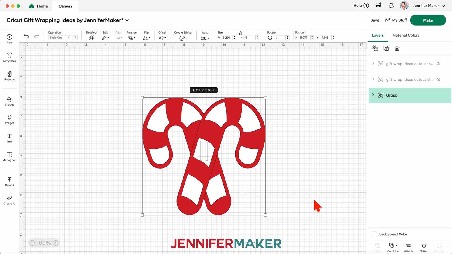 The candy cane ribbon slider SVG on the Design Space Canvas, showing the dimensions of 6.29 by 6 inches.