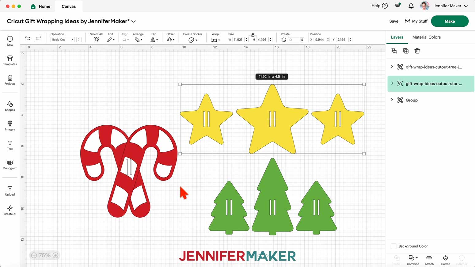 The star ribbon slider SVG on the Design Space Canvas, showing the dimensions of 11.92 by 4.5 inches.