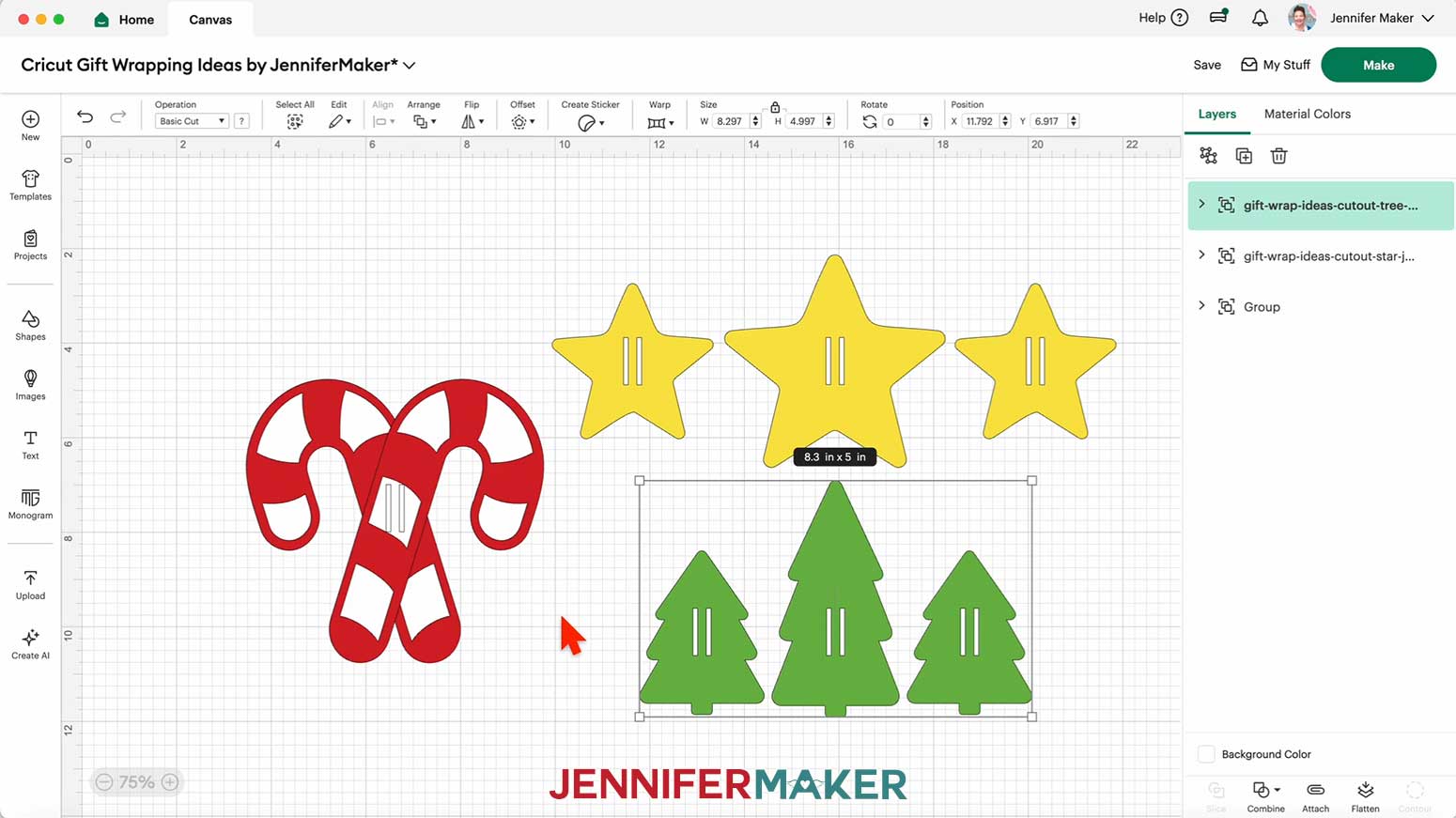 The tree ribbon slider SVG on the Design Space Canvas, showing the dimensions of 8.3 by 5 inches.