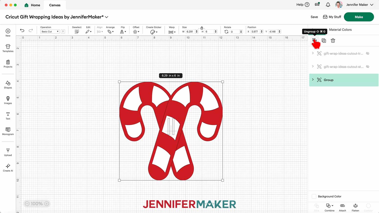 "Ungroup" the candy cane design, then "Ungroup" each of the candy cane design's layers.