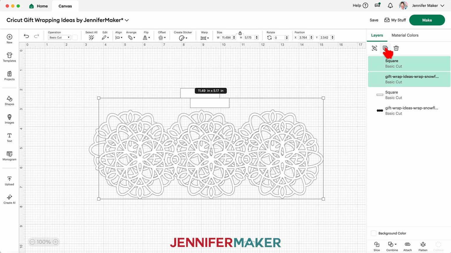 Click "Duplicate" to create a copy of the snowflake and rectangle pieces.