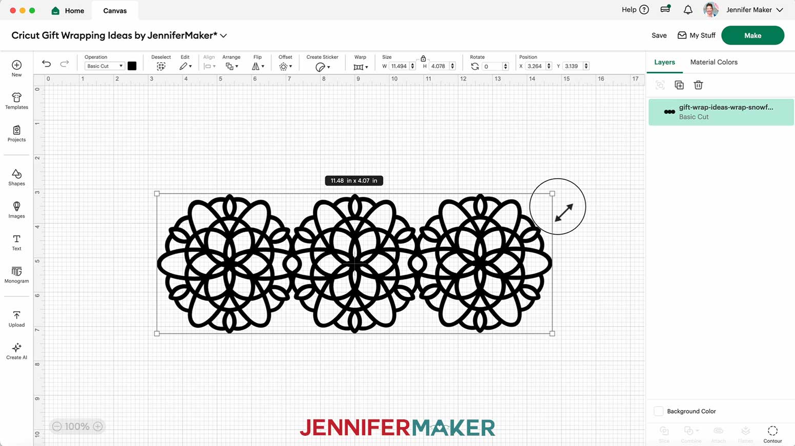In Cricut Design Space, resize the snowflake piece to match the width of the box where you want the wrap to show.