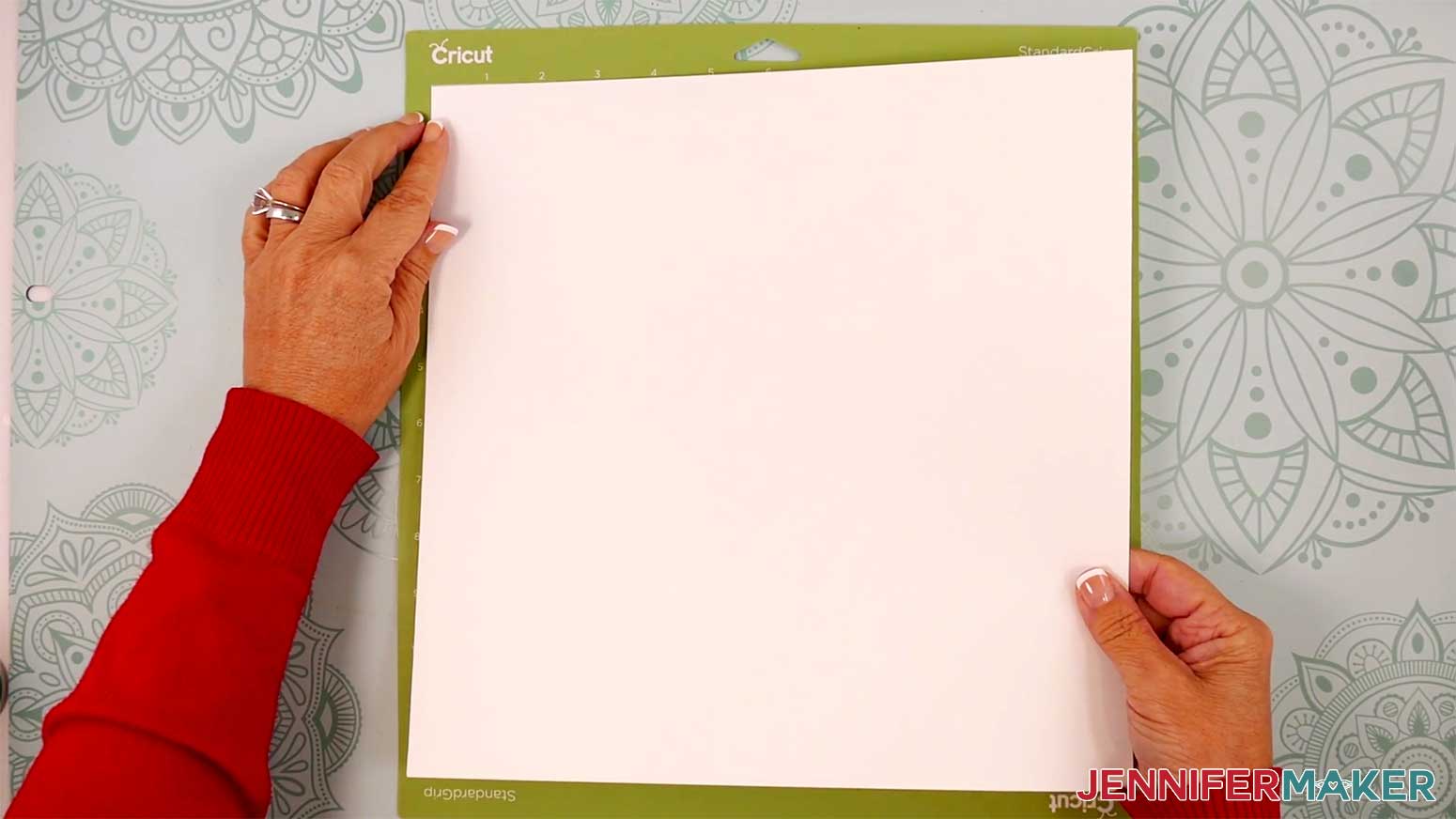 Place your first mat's material pretty-side up on a green StandardGrip machine mat.