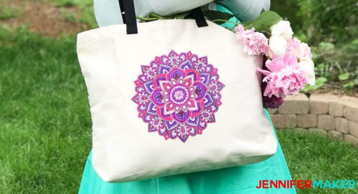 Mandala totebag in pinks and purples made with Cricut Infusible Ink pens