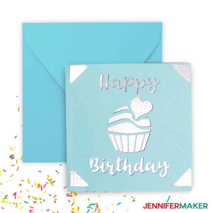 Blue and silver metallic square card made from a Cricut Insert Card