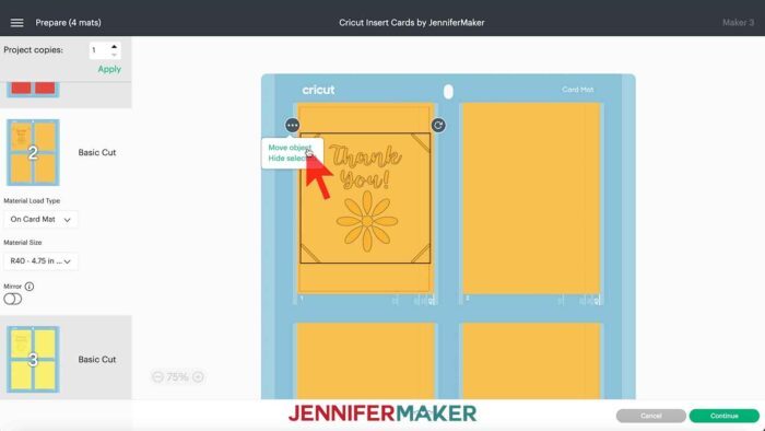 Cricut Design Space Image that shows moving object from one mat to another for cricut insert cards