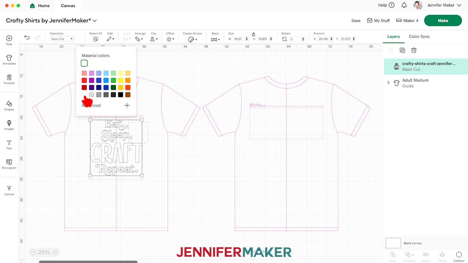 Select the color of the material for the Cricut Iron On Vinyl design.