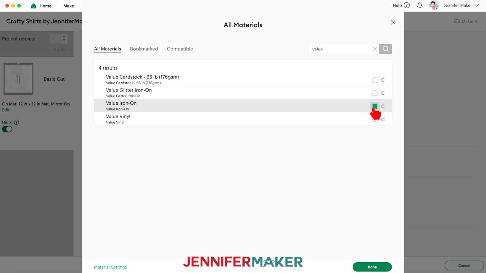 Select the correct material for the vinyl being used for the Cricut Iron On Vinyl design.
