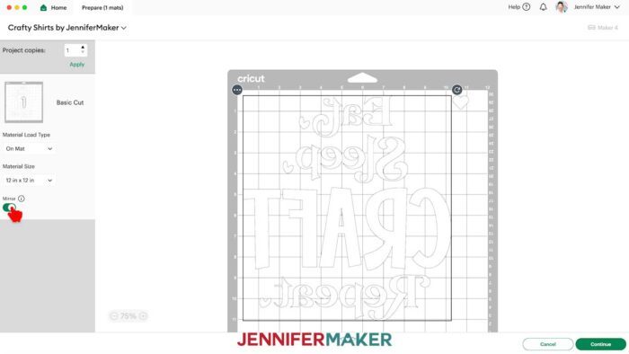 Choose Mirror when cutting the iron-on vinyl for the Cricut Iron On Vinyl design.