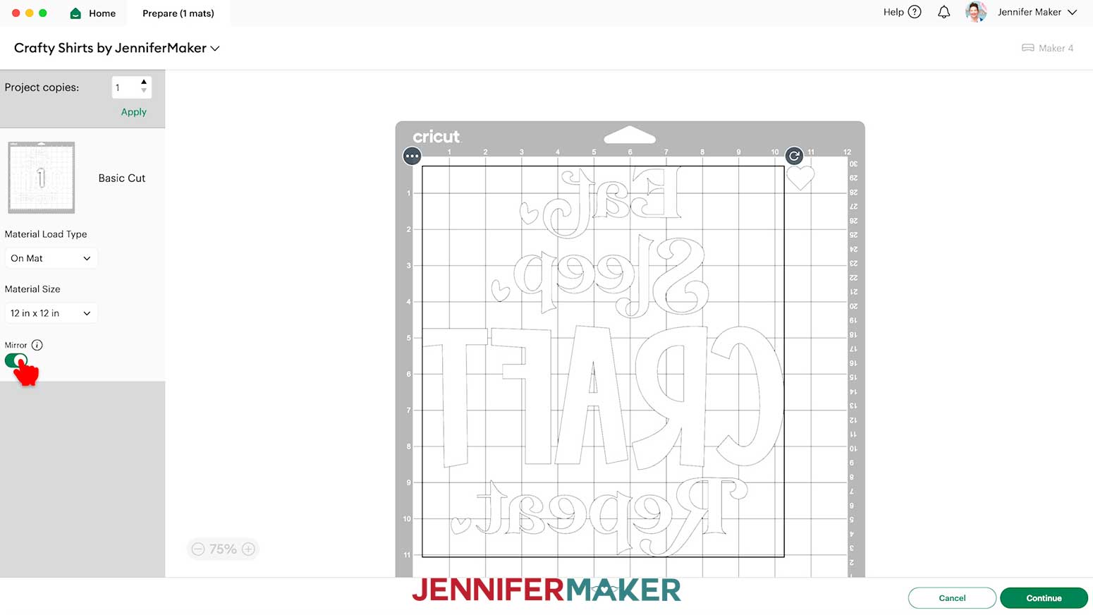 Choose Mirror when cutting the iron-on vinyl for the Cricut Iron On Vinyl design.