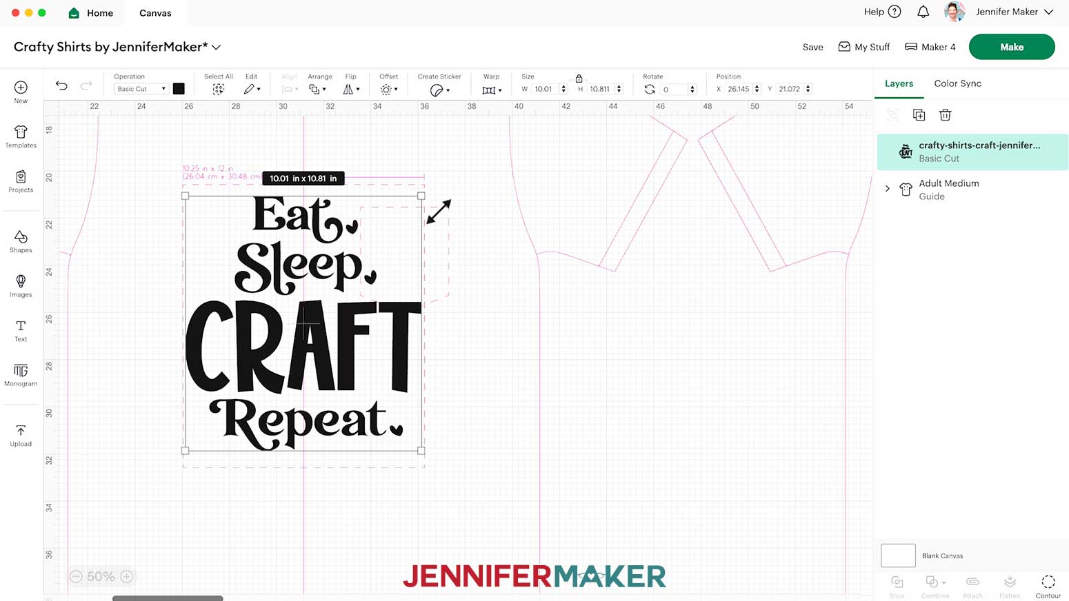 Resize the Cricut Iron On Vinyl design to fit the guide marks on the shirt template.