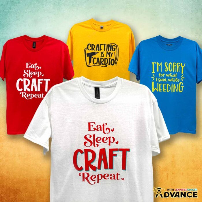 Four colorful T-shirts with crafty sayings, like "Eat, Sleep, Craft, Repeat." Learn how to make T-shirts like these in my Cricut Iron-On Vinyl Tutorial