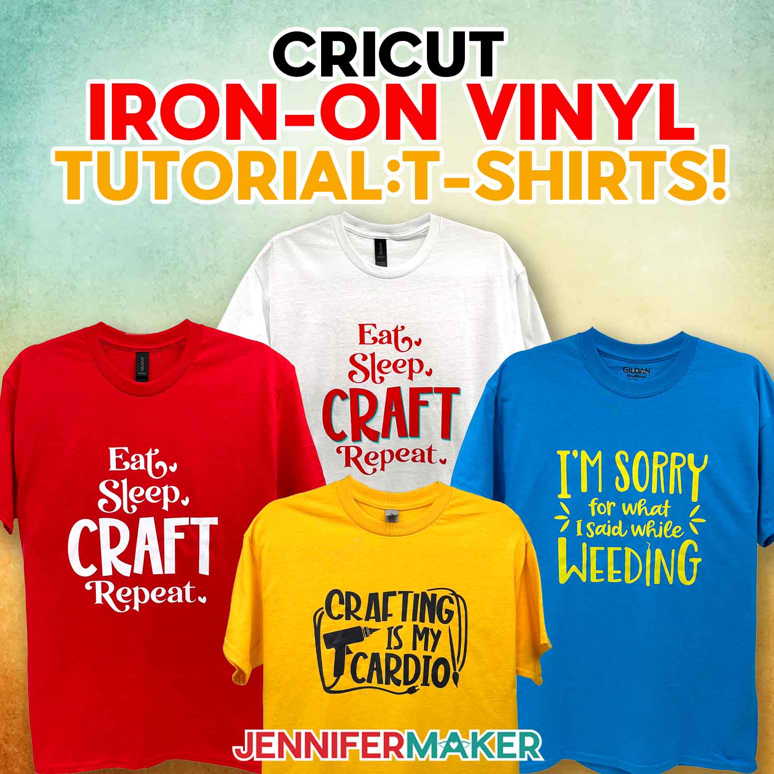 Four colorful T-shirts with crafty sayings, like "Crafting Is My Cardio." Learn how to make T-shirts like these in my Cricut Iron-On Vinyl Tutorial