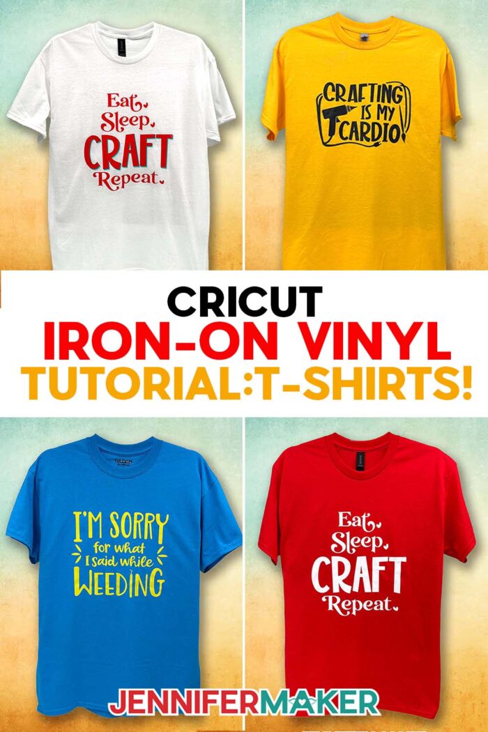 Four colorful T-shirts with crafty sayings, like "Crafting Is My Cardio." Learn how to make T-shirts like these in JenniferMaker's Cricut Iron-On Vinyl Tutorial