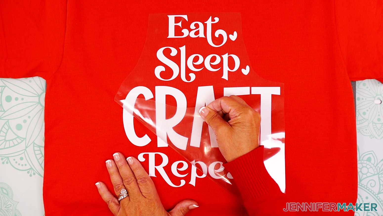 Carefully peel away the carrier sheet from the pressed Cricut Iron On Vinyl design.
