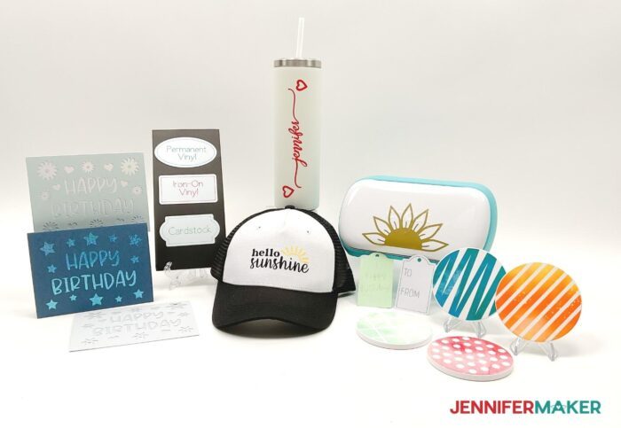 Cricut Joy cards, labels, a hat, tumbler, coasters, and more on a white background made with tutorials.