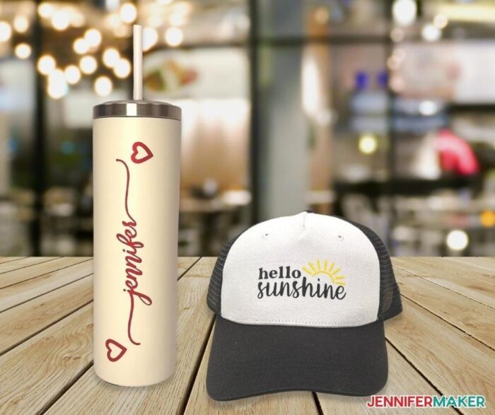 Personalized tumbler, and custom hat made with Cricut Joy project tutorials.
