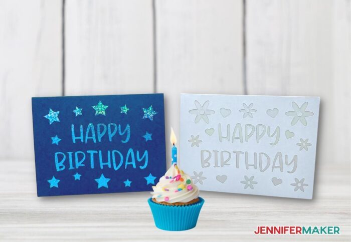 Blue birthday cutaway cards made with Cricut Joy project tutorials.